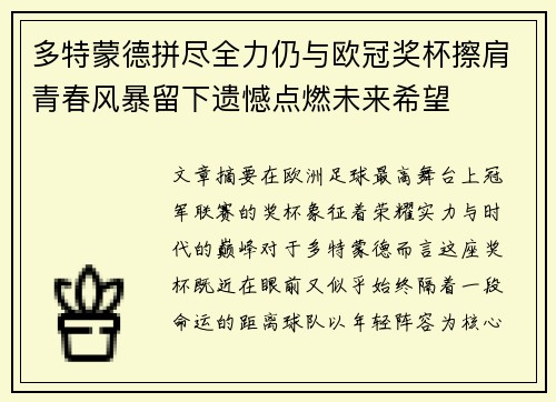 多特蒙德拼尽全力仍与欧冠奖杯擦肩青春风暴留下遗憾点燃未来希望